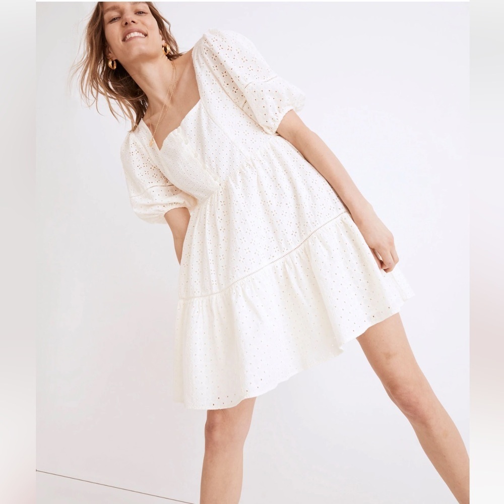 NEW MADEWELL Eyelet-Mix Tiered Mini Dress Size 14 Ivory/Cream